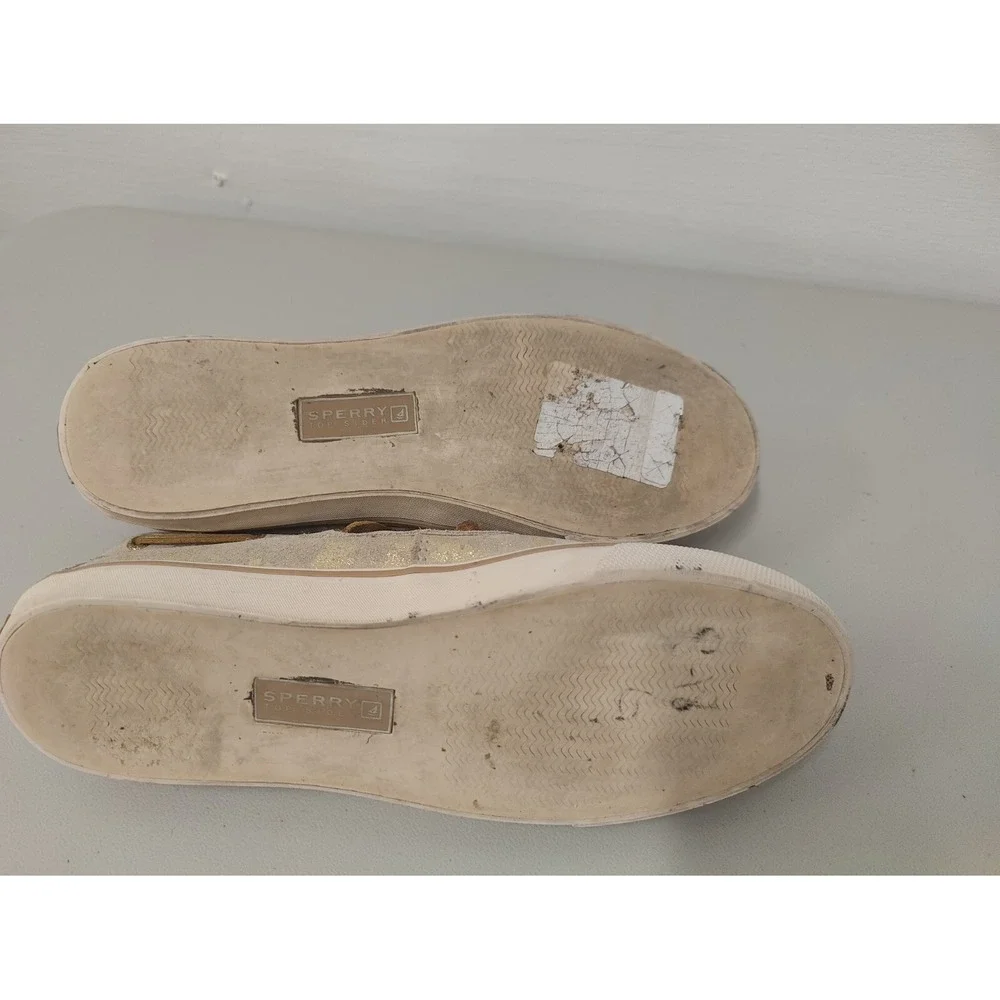 EUC Sperry Top-Sider‎ Sz 9 Bahama Metallic Tan/Goldtone Camo Suede Boat Shoe